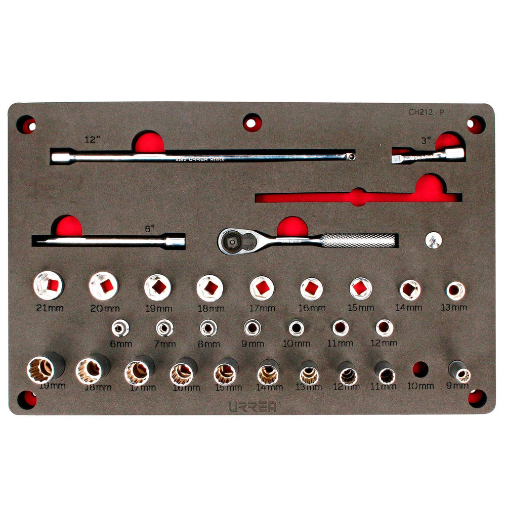 Juego de dados y accesorios cuadro de 3/8" combinados 35 piezas, CH212P-C Urrea CH212P