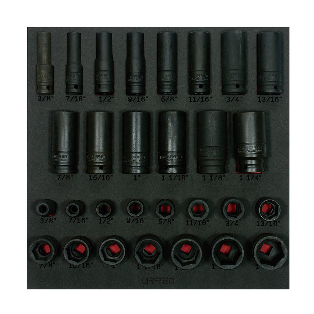 Juego de dados de impacto cortos y largos en pulgadas cuadro de 1/2" 29 piezas, CH218-C Urrea CH218 - imagen 2
