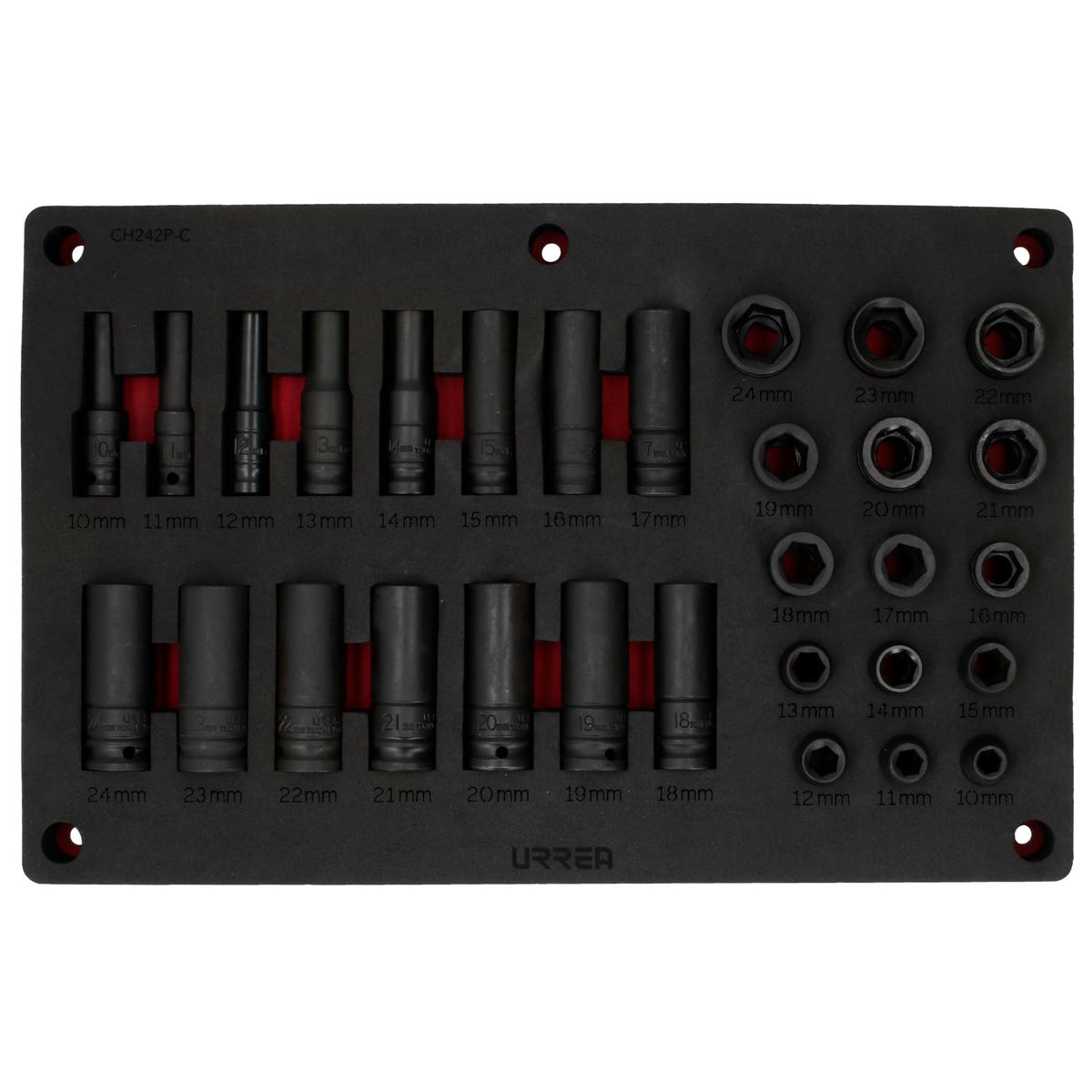 Juego de dados de impacto métricos cuadro de 1/2" 30 piezas, CH242P-C Urrea CH242P