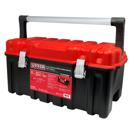 Caja portaherramientas plástica con broches metálicos color negro tapa roja 21" x 11" x 10 Urrea CPU20AR