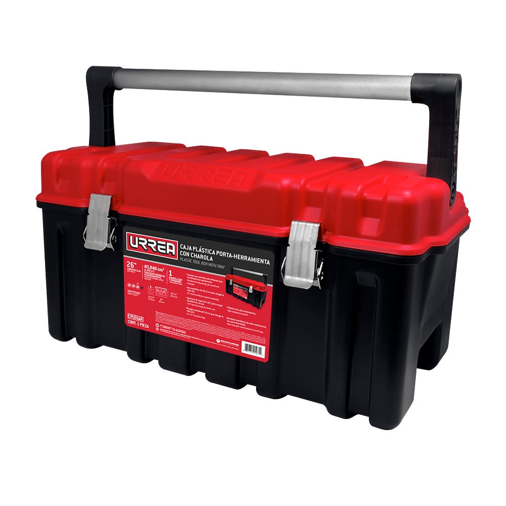 Caja portaherramientas plástica con broches metálicos color negro tapa roja 26" x 10" x 10 Urrea CPU26AR - imagen 2