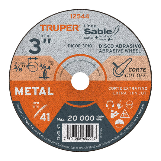 Disco abrasivo de corte preciso metal 3" x 1 mm Truper DICOF-3010