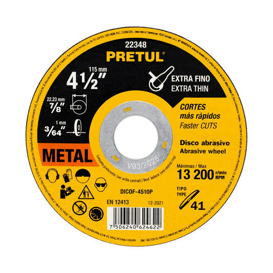 Disco abrasivo de corte preciso metal 4-1/2" x 1 mm Pretul DICOF-4510P