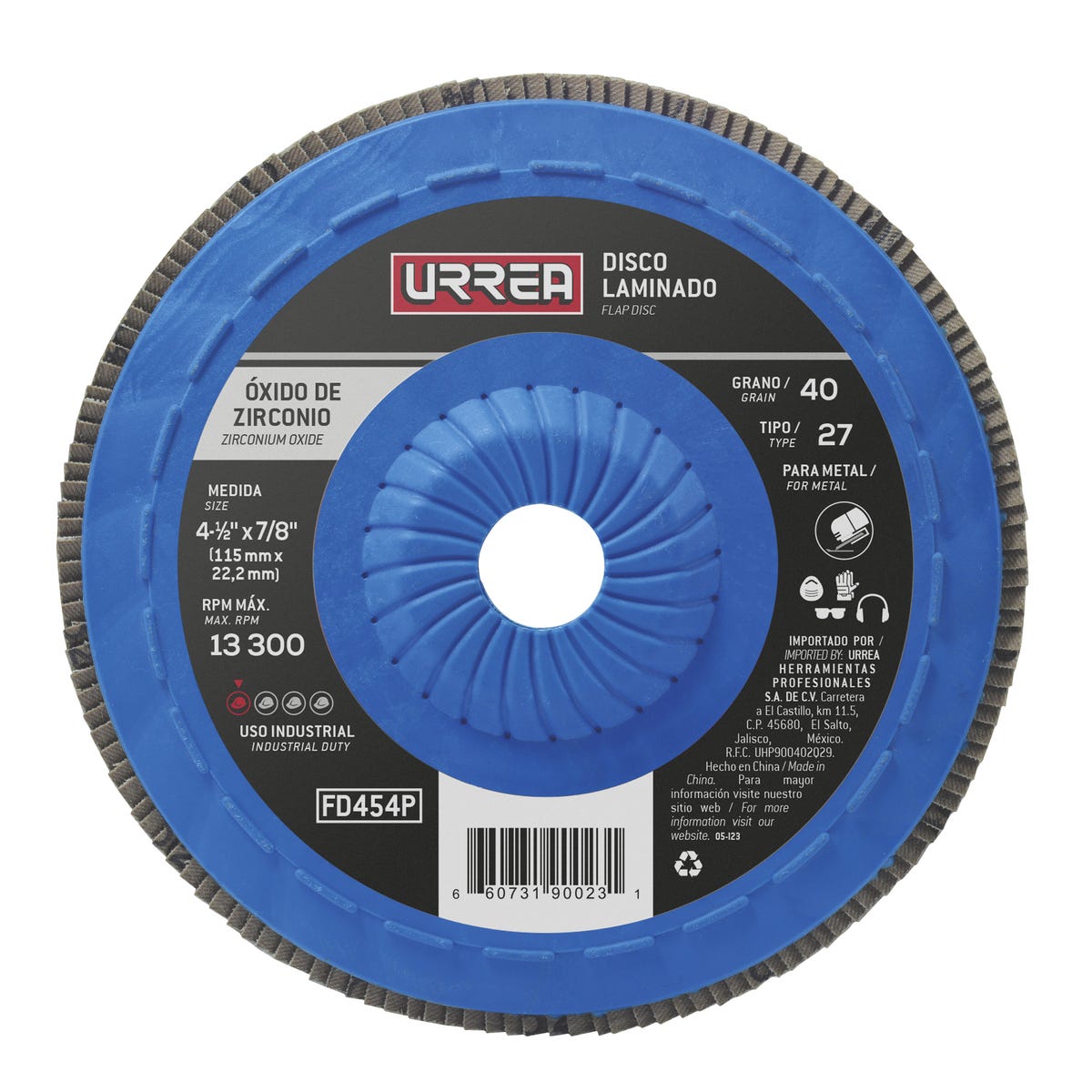 Disco laminado tipo 27 grano 40 con respaldo plástico, 4-1/2" Urrea FD454P