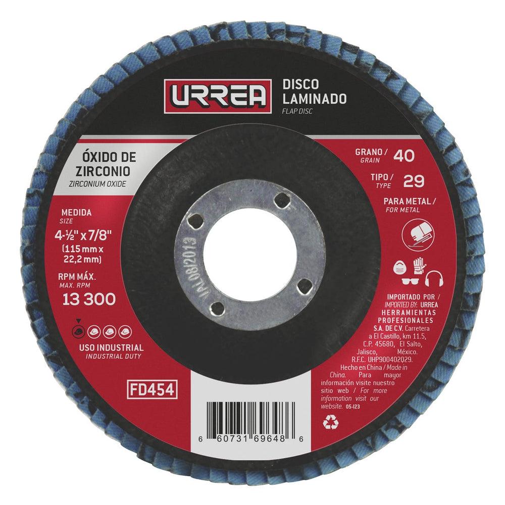 Disco laminado tipo 29 grano 40, 4-1/2" Urrea FD454