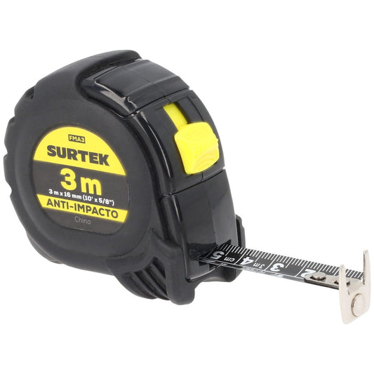 Flexómetro con carcasa anti-impacto cinta color negro, 3 m x 16 mm Surtek FMA3 – imagen 2