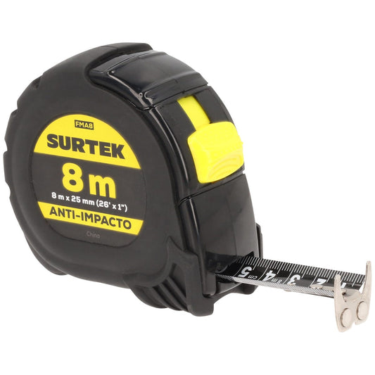 Flexómetro con carcasa anti-impacto cinta color negro, 8 m x 25 mm Surtek FMA8