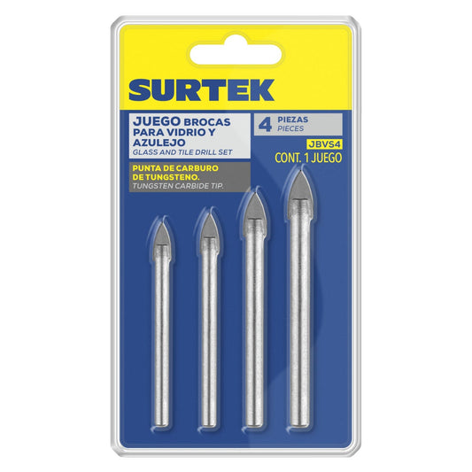 Juego de brocas para vidrios y azulejos de acero con cabeza de carburo de tungsteno, 4 piezas Surtek JBVS4 – imagen 2