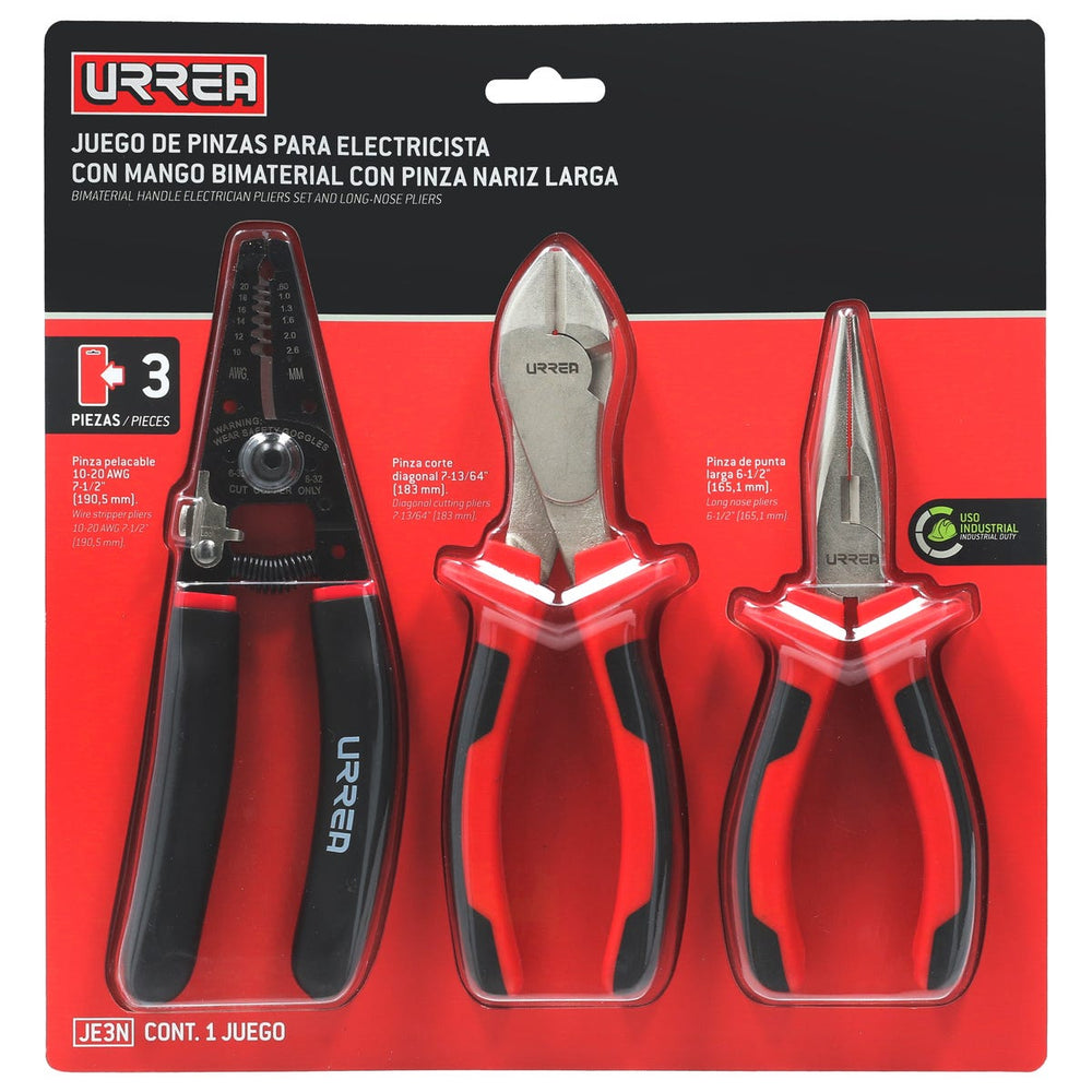 Juego de pinzas para electricista con mango bimaterial con pinza nariz larga, 3 piezas Urrea JE3N - imagen 2