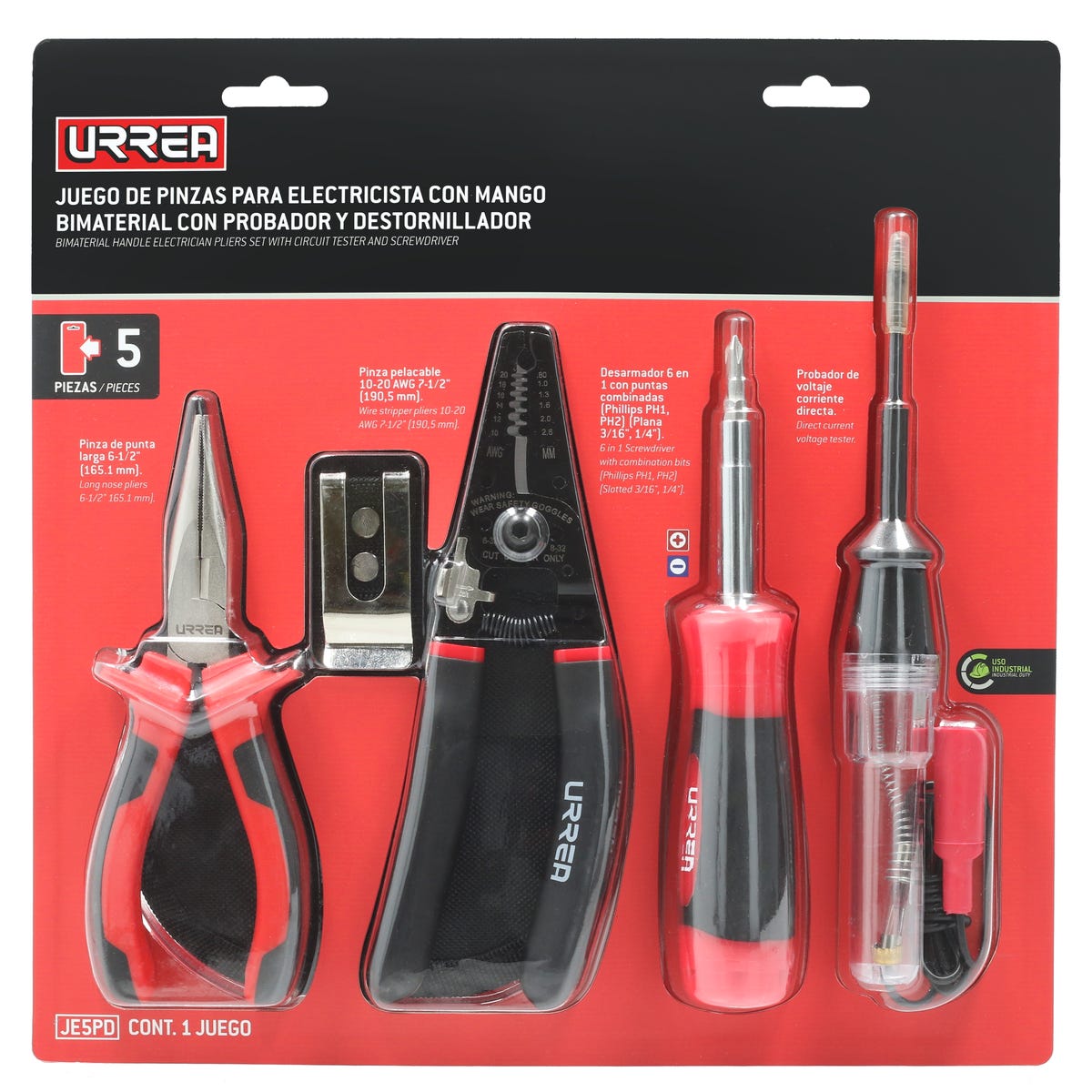 Juego de pinzas para electricista con mango bimaterial con probador y destornillador, 5pz Urrea JE5PD - imagen 2