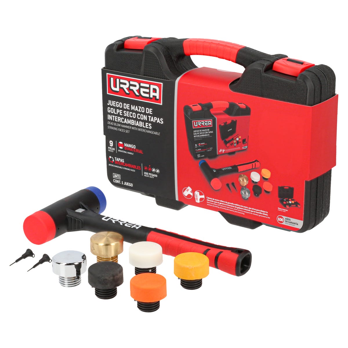 Juego de mazo de golpe seco con mango Rubber grip tapas intercambiables 16 oz, 9 piezas Urrea JMTI - imagen 2