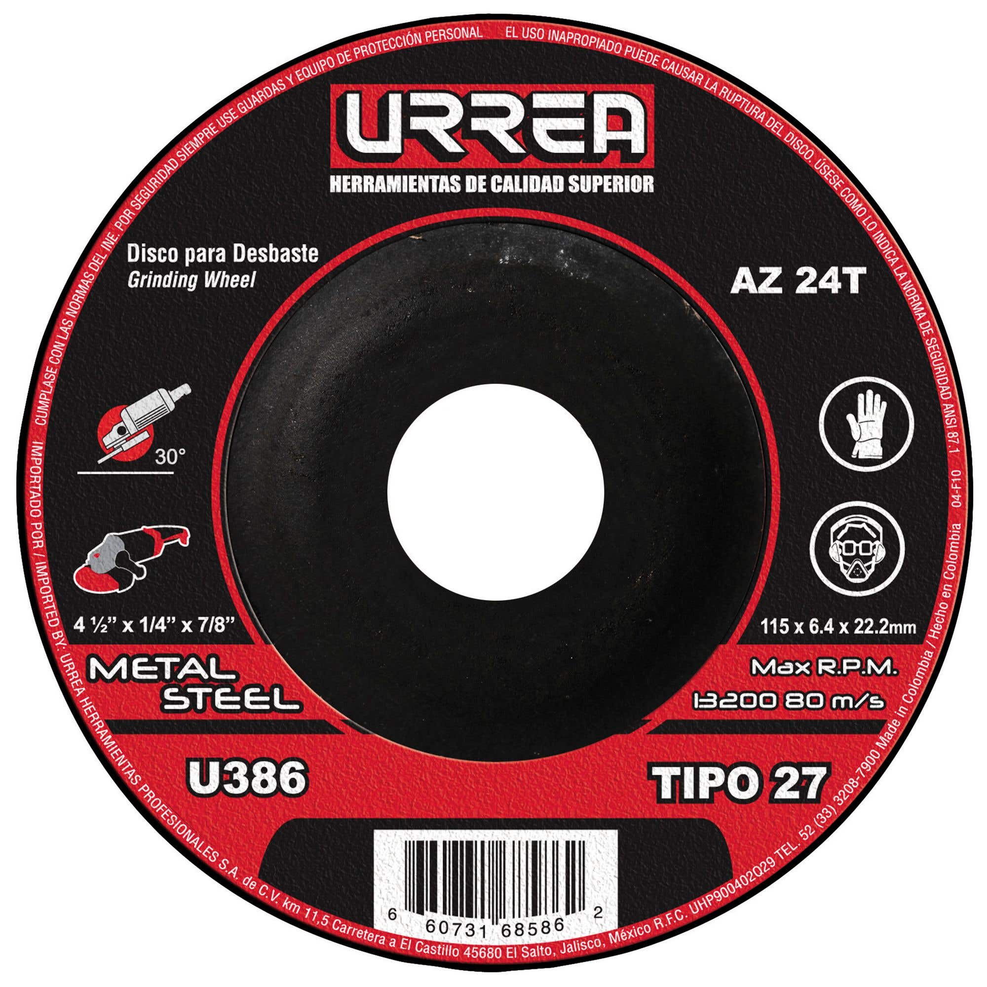 Disco abrasivo tipo 27 para metal con resinas, 4-1/2" x 1/4",13,200 RPM Urrea U386 - imagen 2