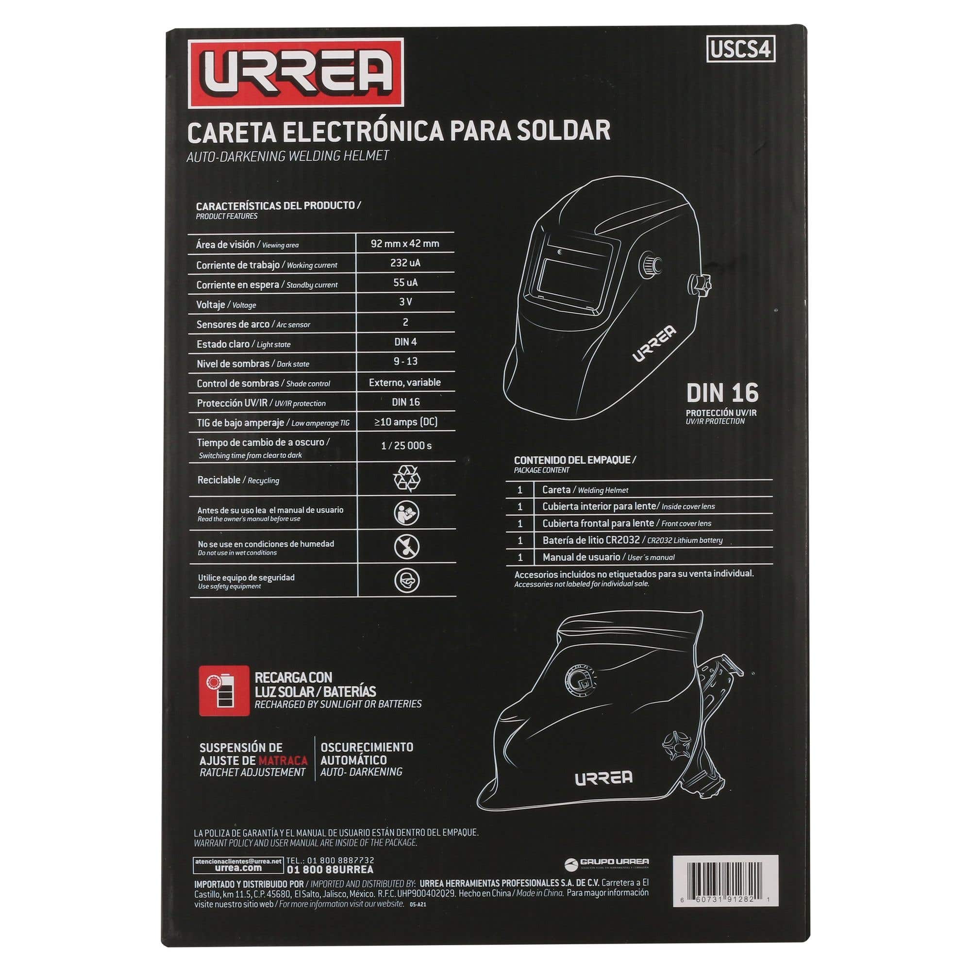 Careta eléctronica para soldar, visión 92 x 42, diseño liso Urrea USCS4 - imagen 7