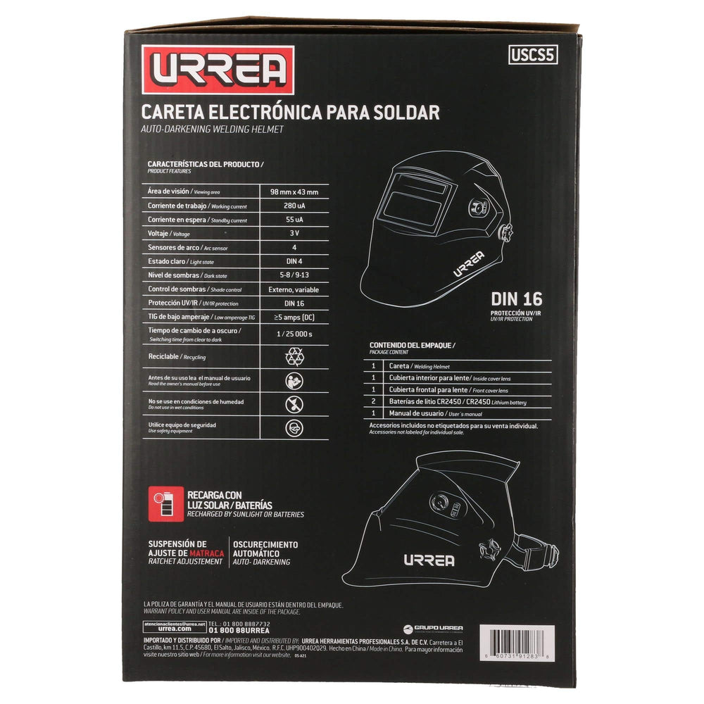 Careta eléctronica para soldar, visión 98 x 43, diseño fibra de vidrio Urrea USCS5 - imagen 8