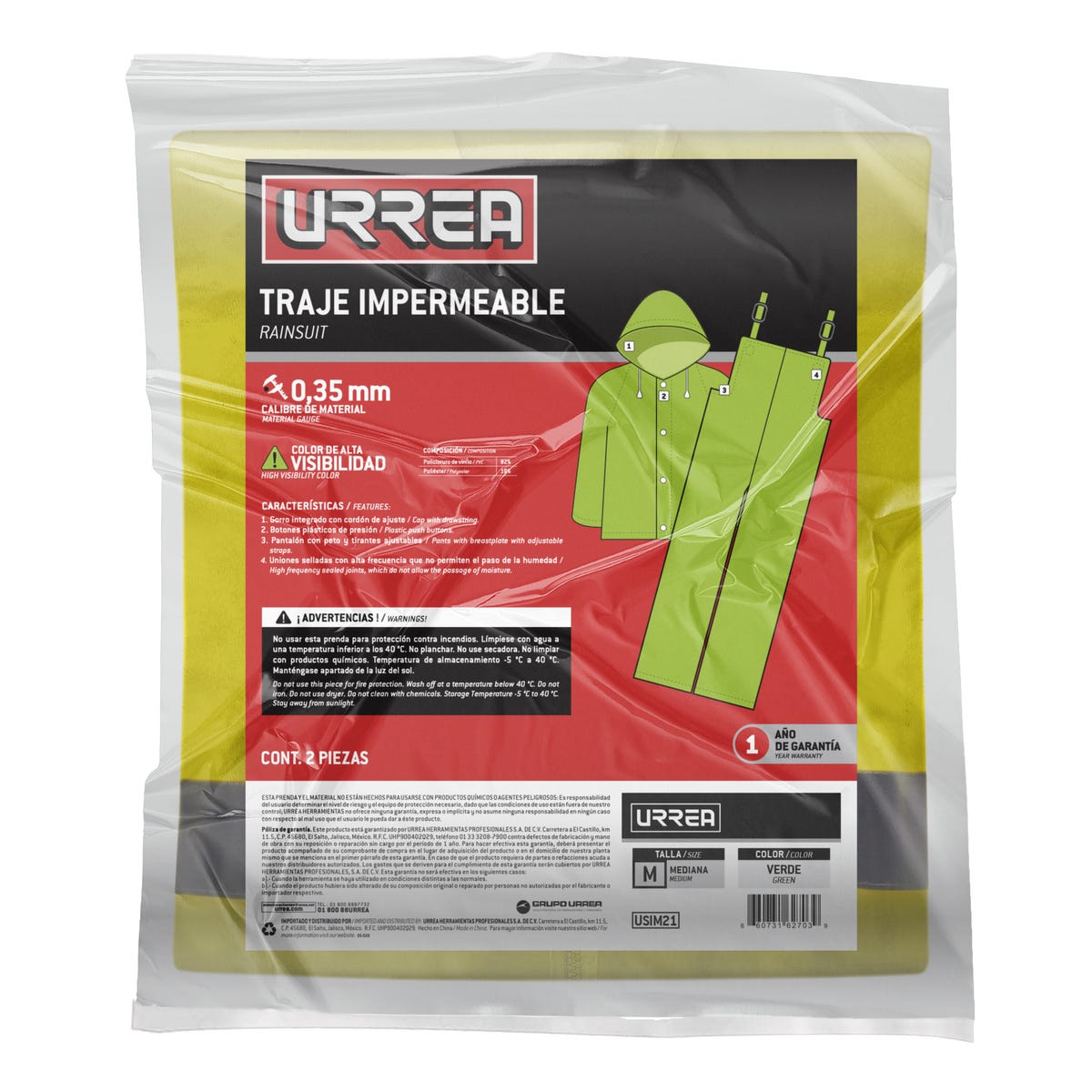 Traje impermeable de alta visibilidad M, 2 piezas Urrea USIM21 - imagen 4