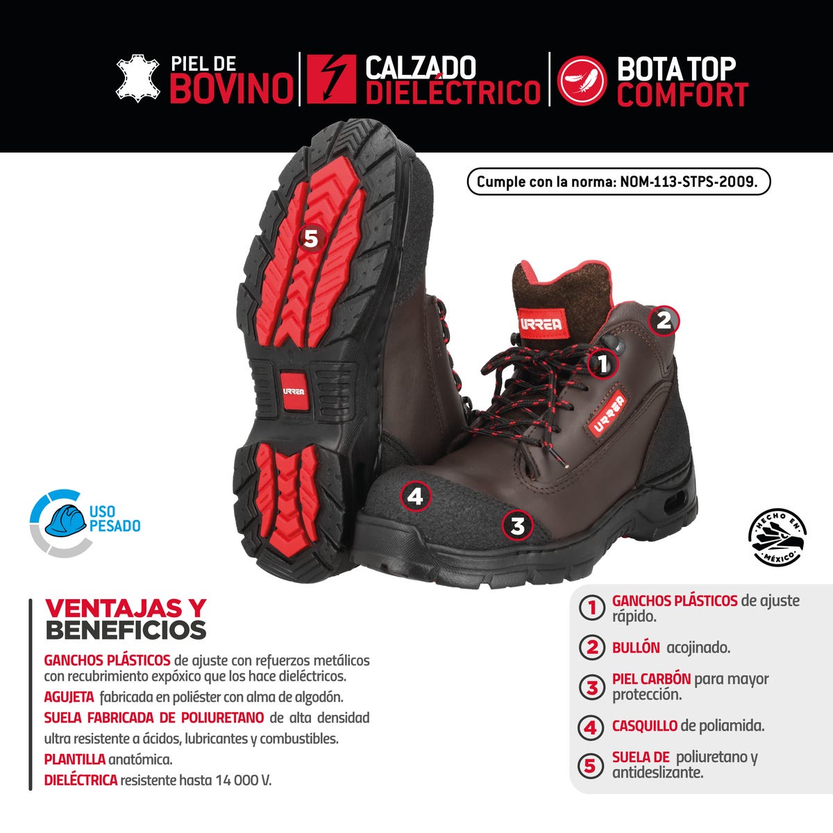 Botas de seguridad dieléctricas top comfort con casquillo de poliamida #26 cm Urrea USZC6 - imagen 7