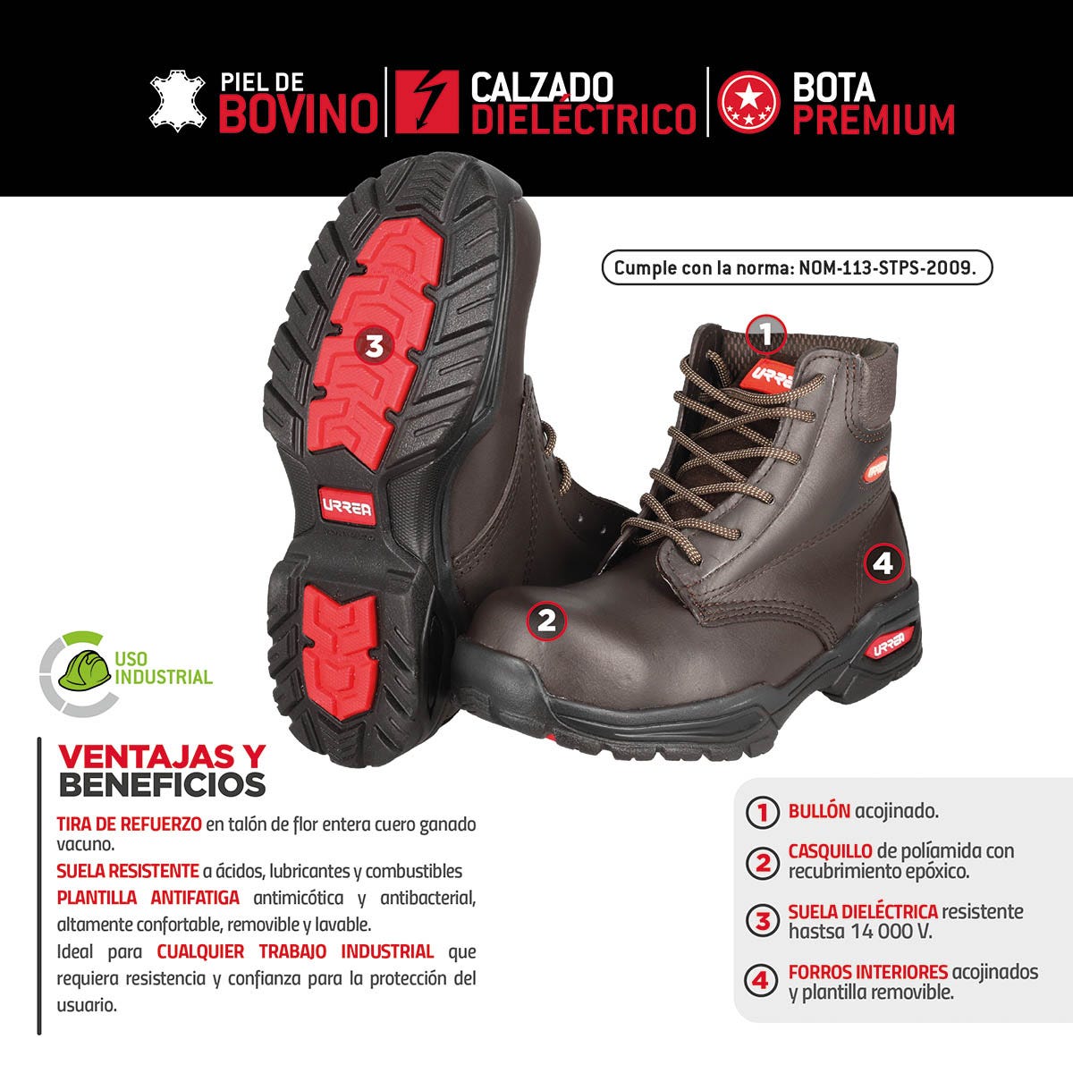 Botas de seguridad dieléctricas con casquillo de poliamida #26 cm Urrea USZS6 - imagen 6