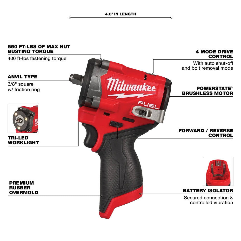 Llave de impacto corta M12 FUEL™ de 3/8" Milwaukee 2562-20 - imagen 3