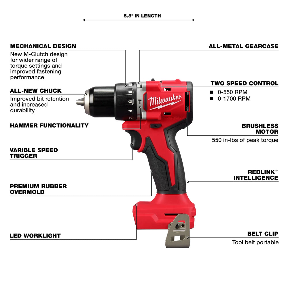 Taladro percutor/destornillador compacto sin escobillas M18™ de 1/2" Milwaukee 3602-20 - imagen 4