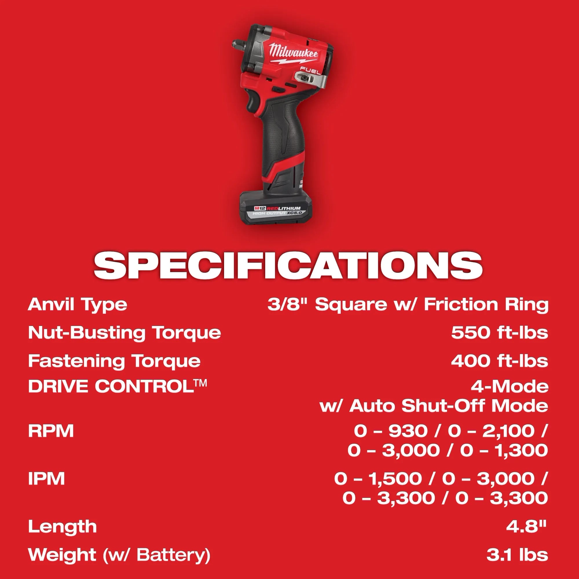 Kit de llave de impacto corta M12 FUEL™ de 3/8" Milwaukee 2562-22 - imagen 8