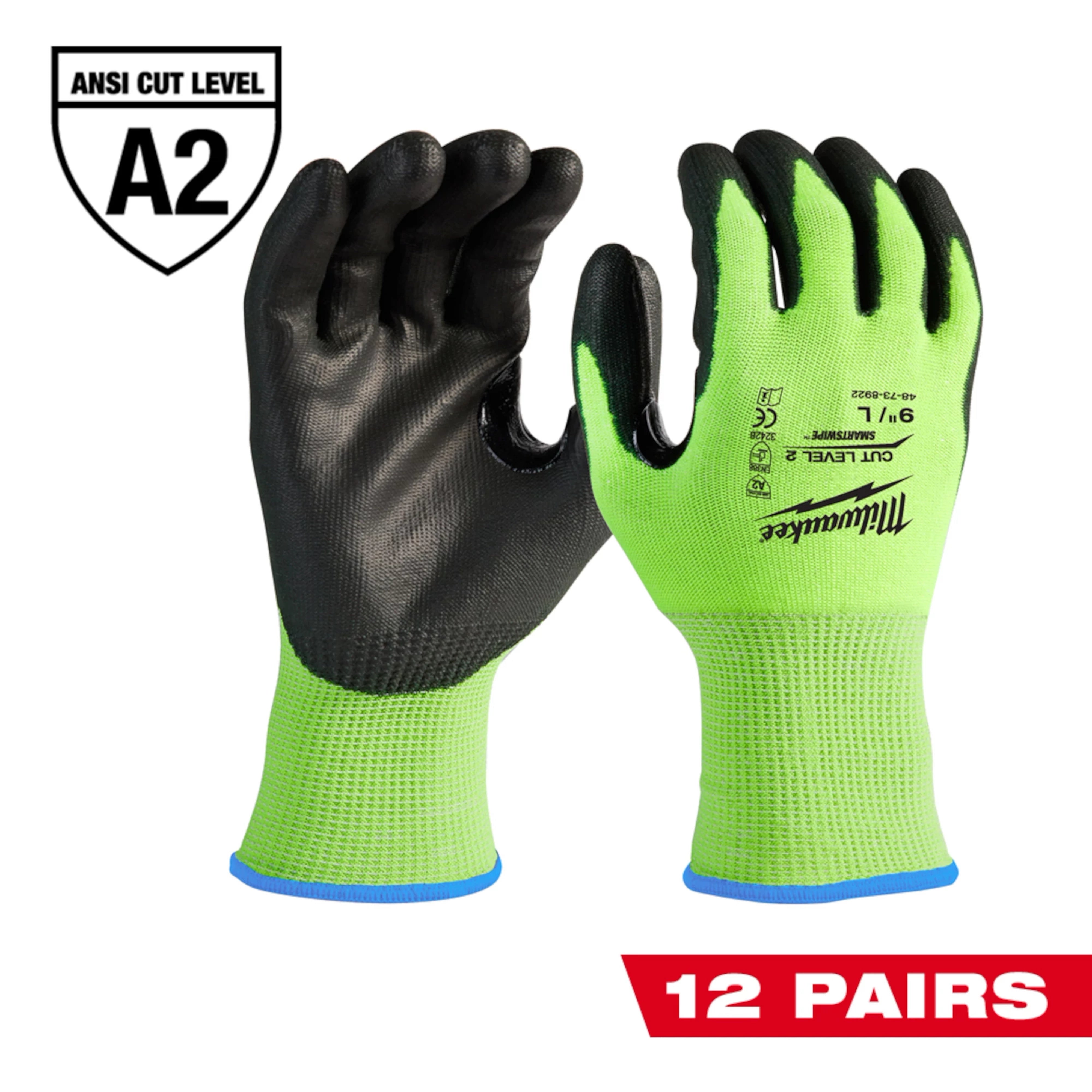 12 pares de guantes de corte de alta visibilidad nivel 2 bañados en poliuretano - M talla M Milwaukee 48-73-8921B