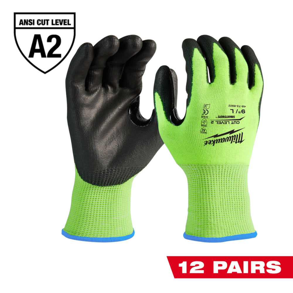 12 pares de guantes de corte de alta visibilidad nivel 2 bañados en poliuretano - M talla M Milwaukee 48-73-8921B