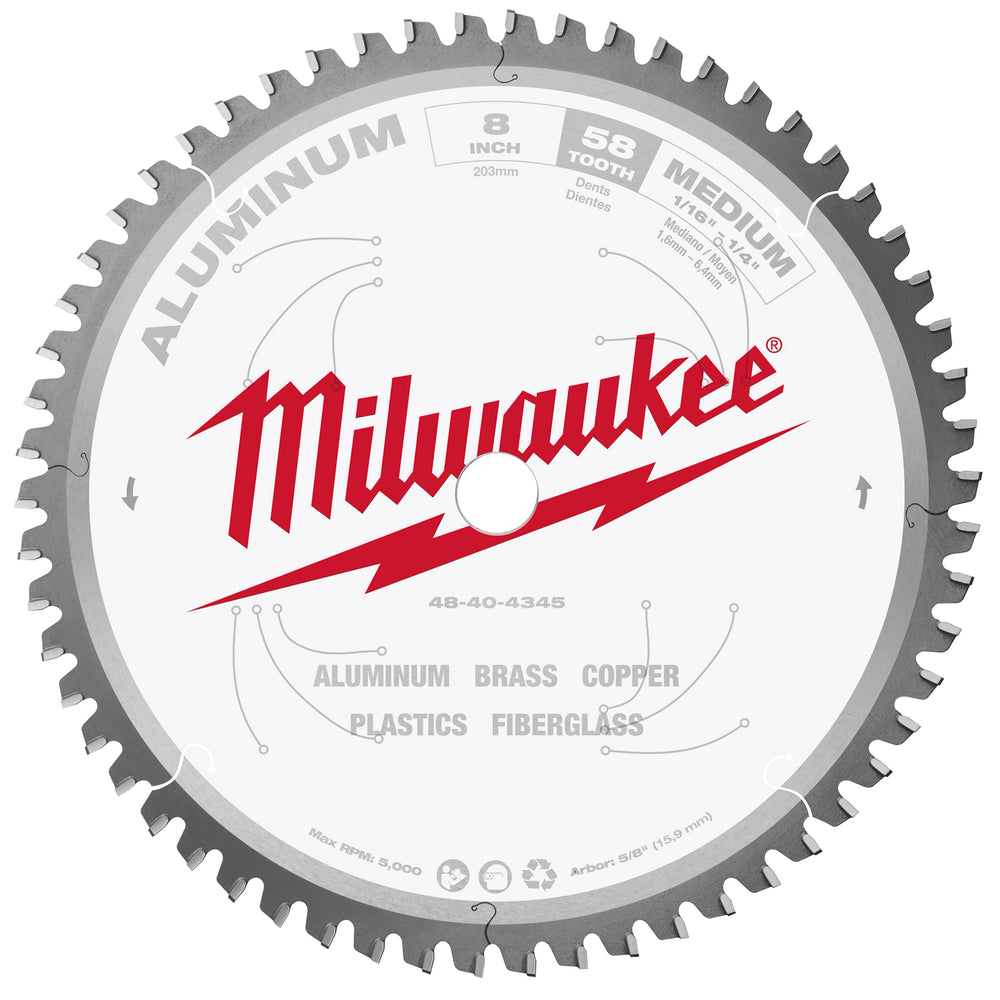 Hoja de sierra circular para cortar aluminio de 8" Milwaukee 48-40-4345