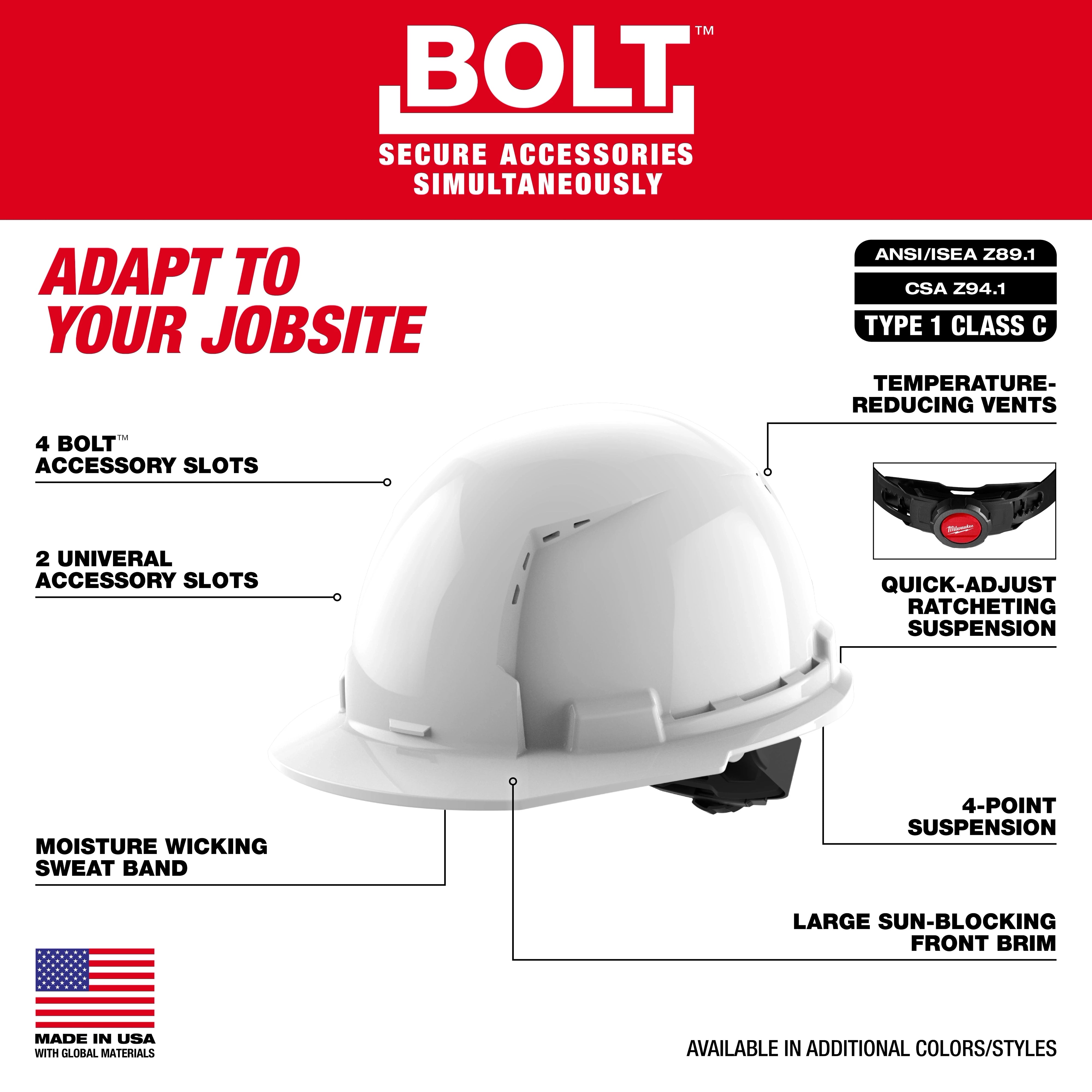 Casco con ventilación y ala delantera rojo con suspensión de trinquete de 4 puntos BOLT™ (EE. UU.): Tipo 1, Clase C Milwaukee 48-73-1208 - imagen 3
