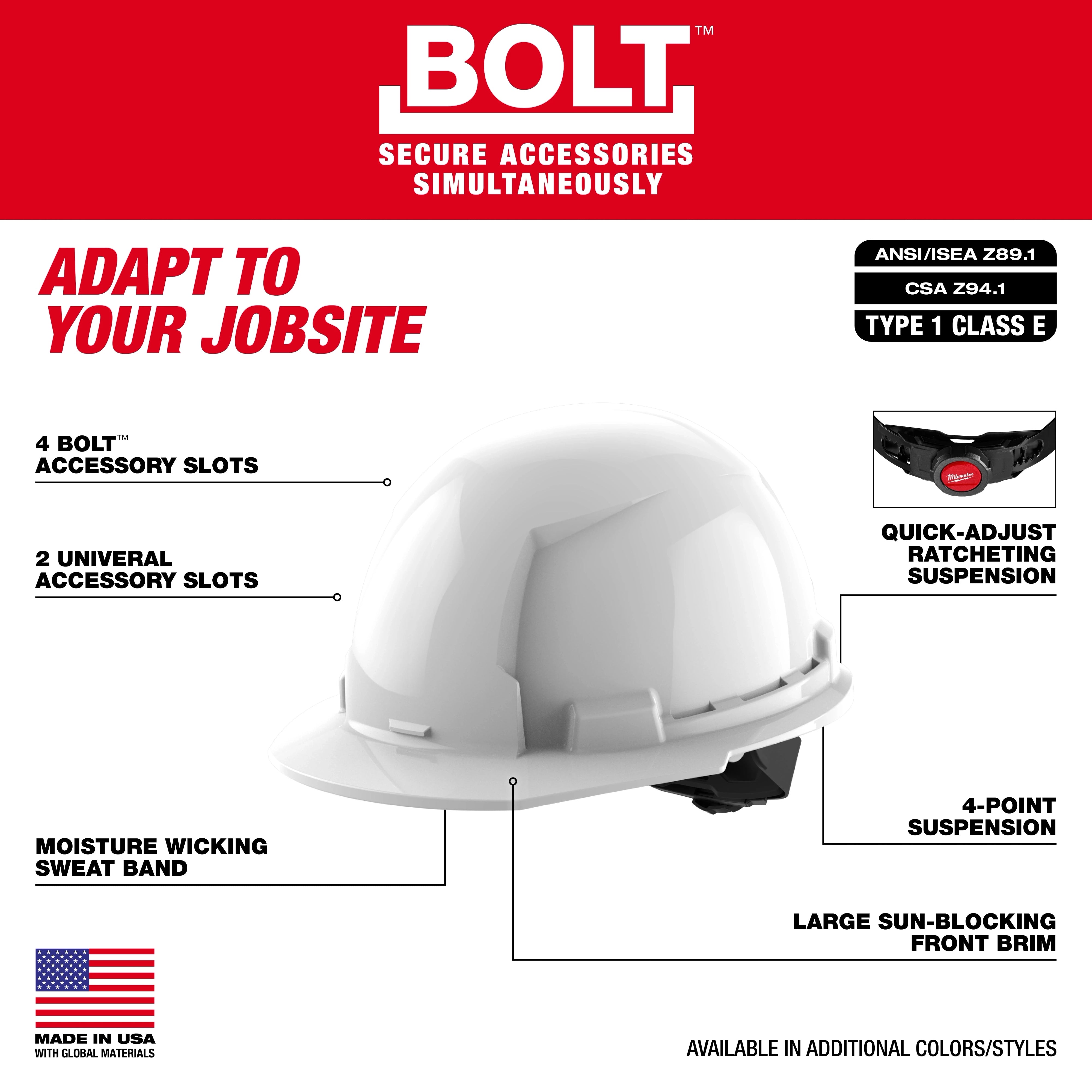 Casco con ala delantera rojo con suspensión de trinquete de 4 puntos BOLT™ (EE. UU.): Tipo 1, Clase E Milwaukee 48-73-1108 - imagen 3