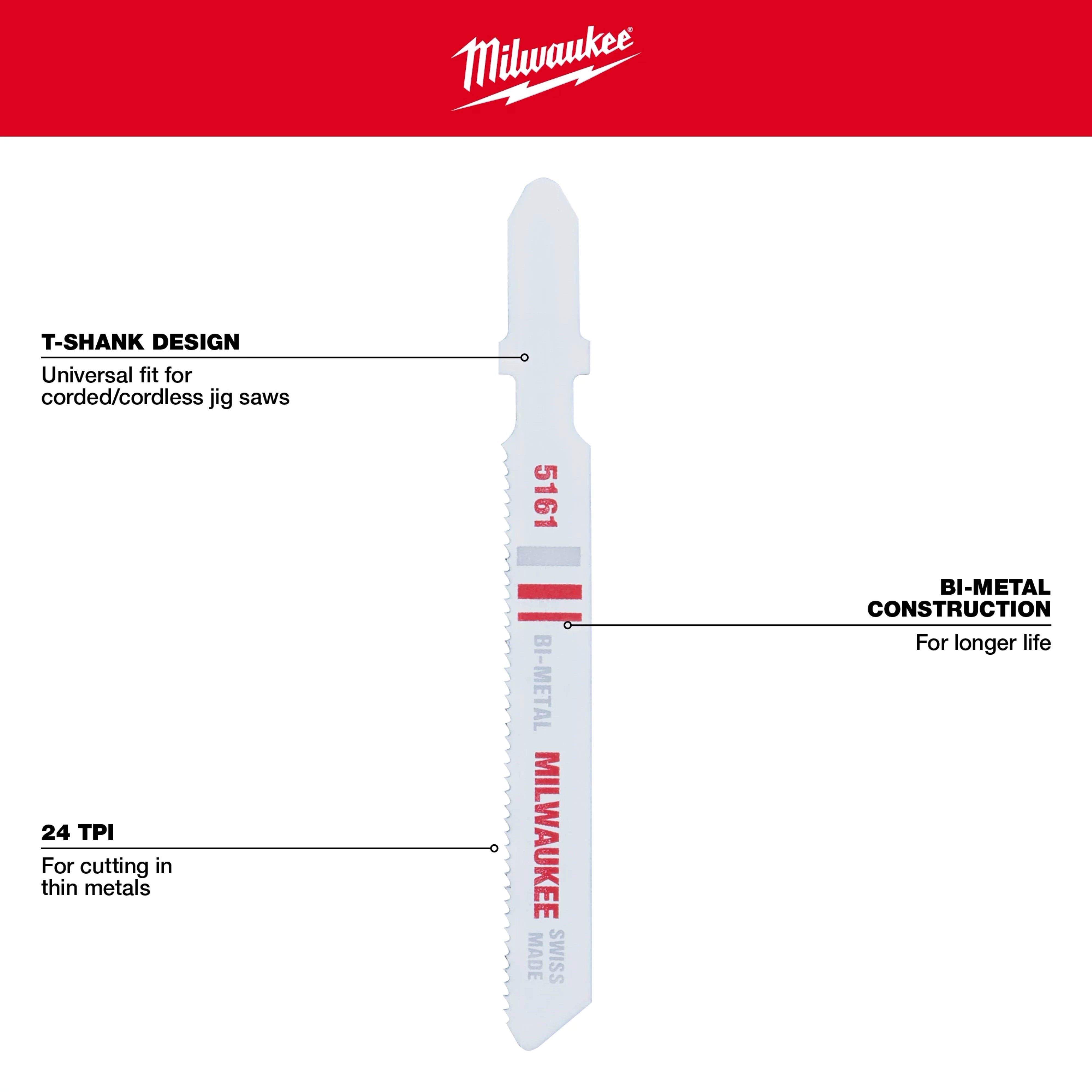 Hoja bimetálica para sierra caladora de 3" 24 TPI (paquete por 5) Milwaukee 48-42-5161 - imagen 5