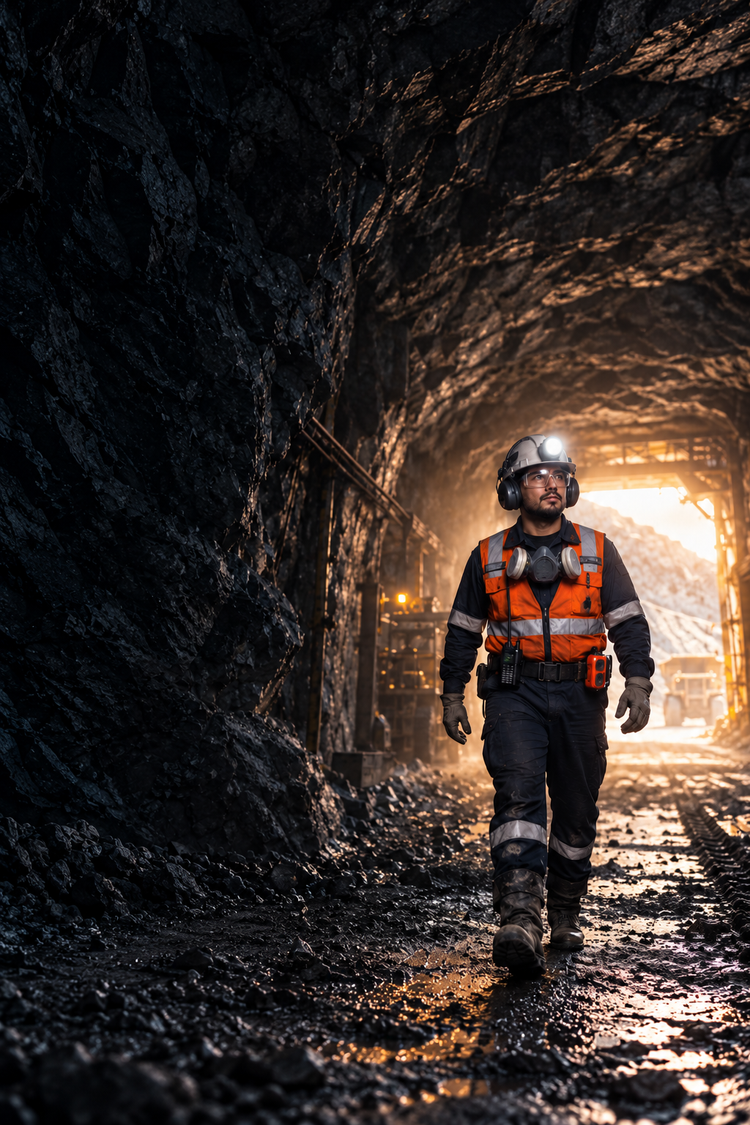 Minero con equipo de protección personal dentro de una mina