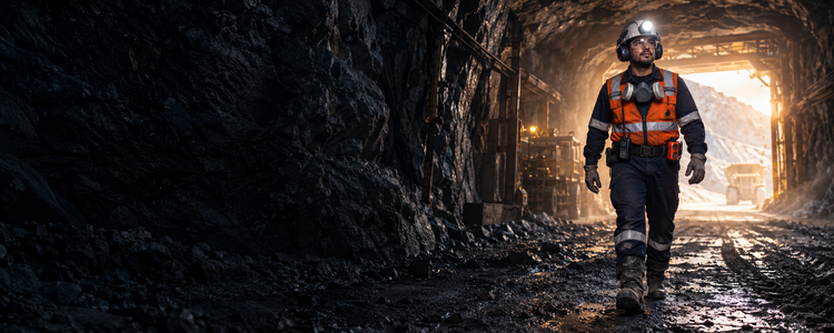 Minero saliendo de una mina con equipo de protección personal completo